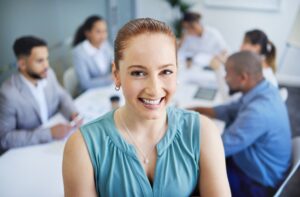 Business, woman and portrait with happy in office for corporate meeting, collaboration or career. P